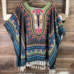 Women's Rayon Floral Print Lightweight Poncho Top Blouse Caftan Cover up